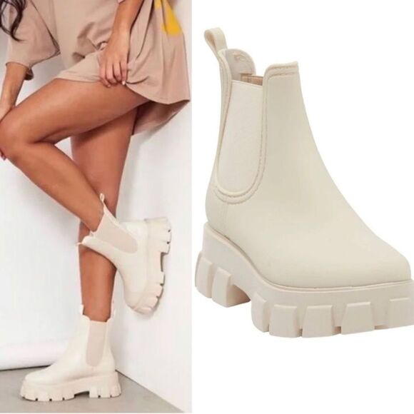 Jeffrey Campbell Platform chunky Lug Rainboots Chelsea ankle Boot Ivory Cream 8 - Picture 1 of 12